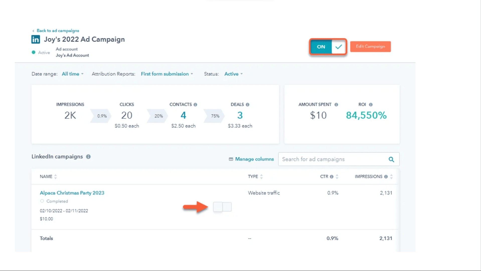 HubSpot ads dashboard